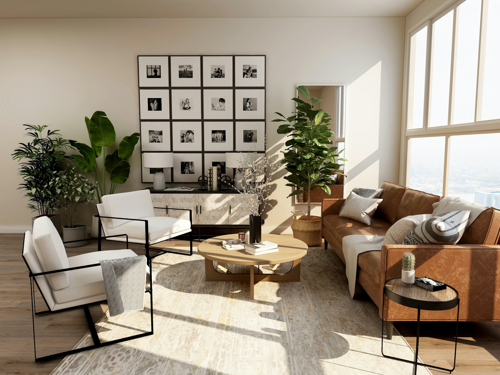 Bright living room with floor-to-ceiling windows