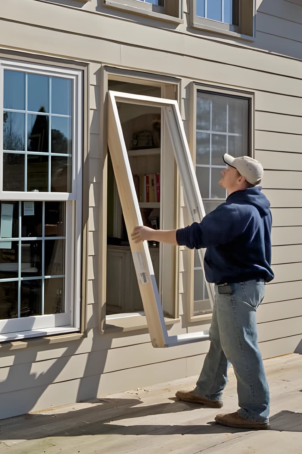 Installer setting a new window sash into an opening on a home's exterior