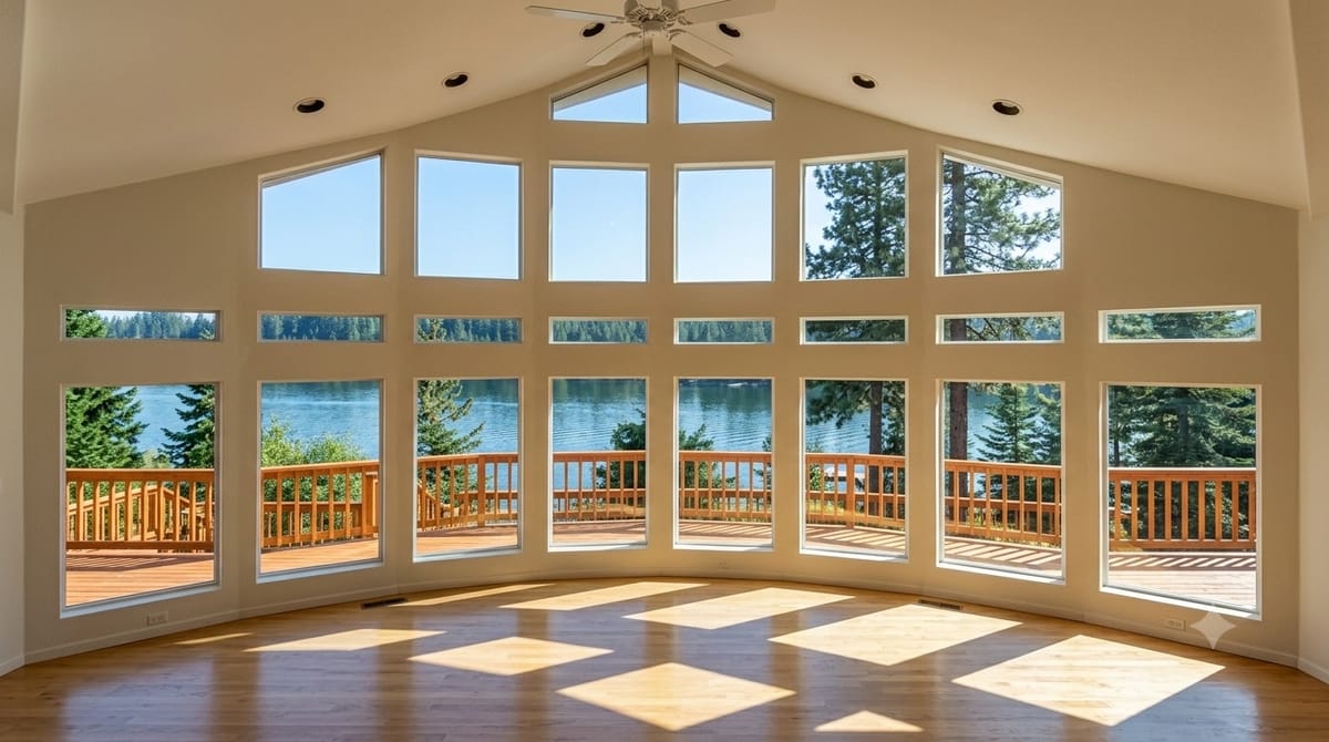 Great room wrapped in floor-to-ceiling windows overlooking a lake